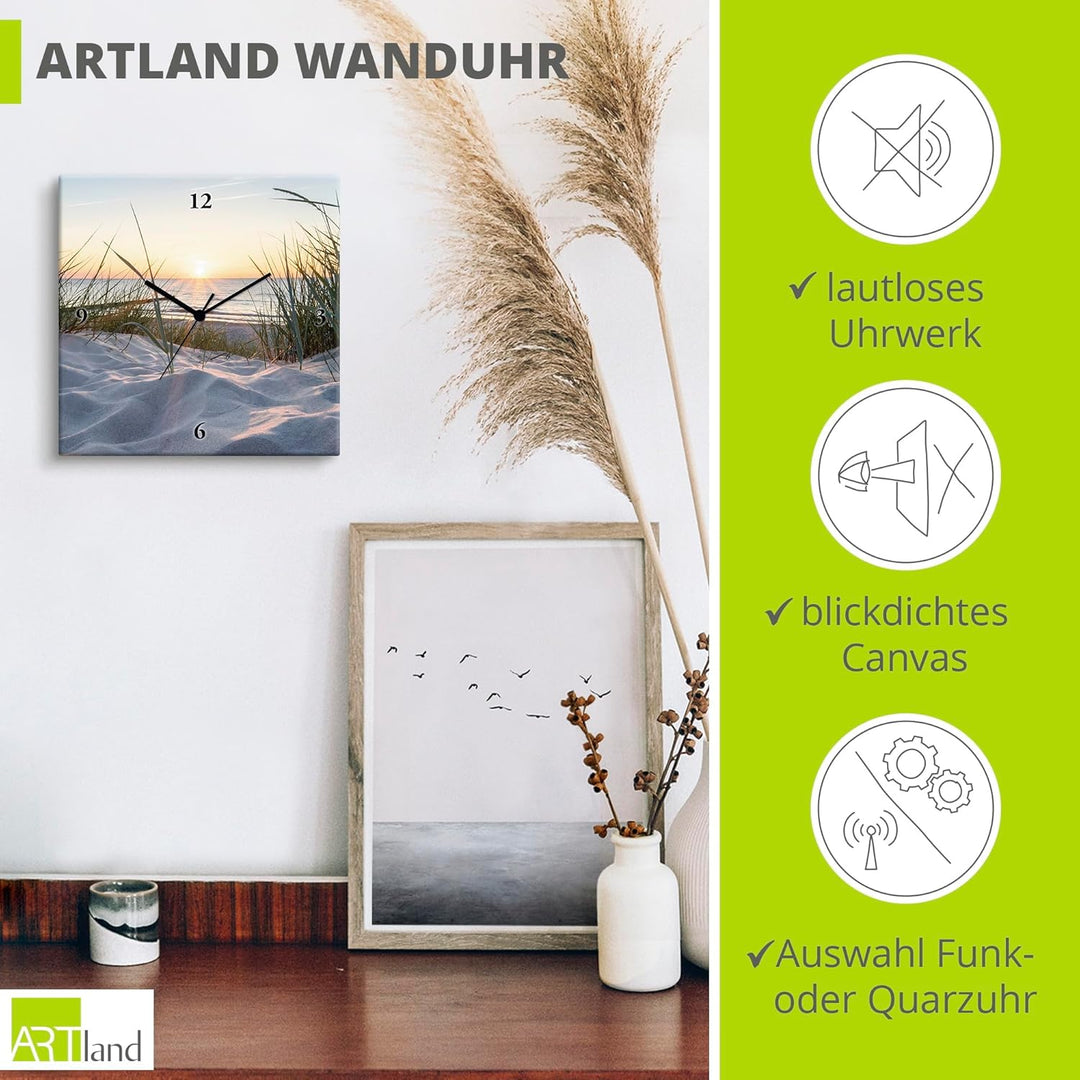 ARTLAND Wanduhr ohne Tickgeräusche Leinwand Funkuhr 30x30 cm Quadratisch Lautlos Strand Meer Ostsee