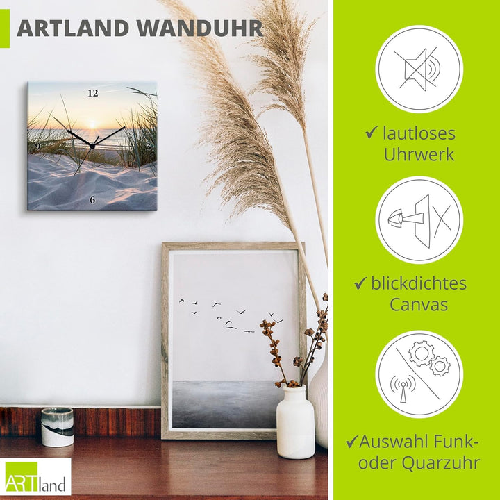ARTLAND Wanduhr ohne Tickgeräusche Leinwand Funkuhr 30x30 cm Quadratisch Lautlos Strand Meer Ostsee