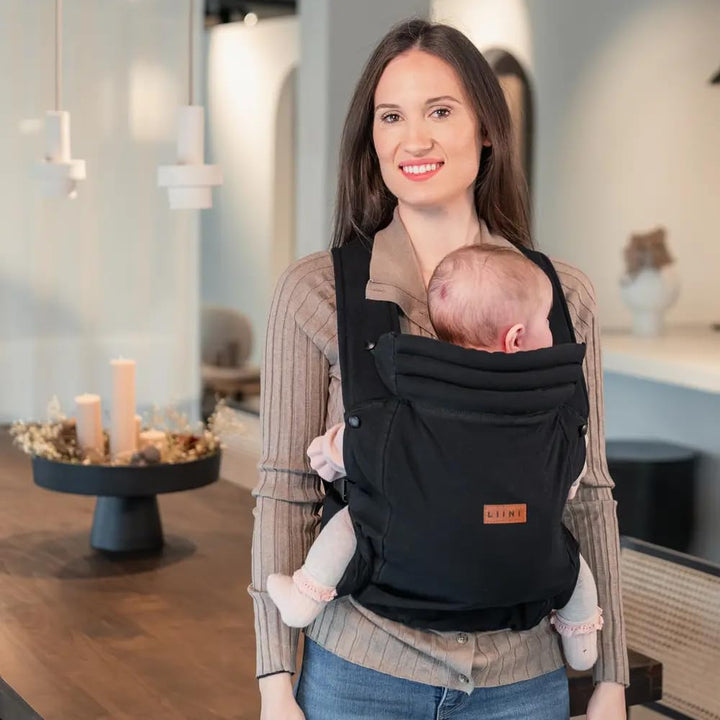 LIINI® Babytrage aus Baumwolle (Schwarz) – ab Geburt (3,5 kg) bis 15 kg, verstellbare Träger, Kopfst