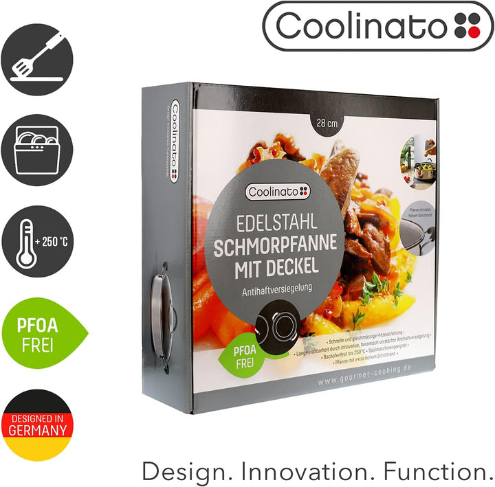 Coolinato Schmorpfanne Edelstahl 28cm beschichtet Schmortopf inkl. Glasdeckel, Bräter für Gas Ceran