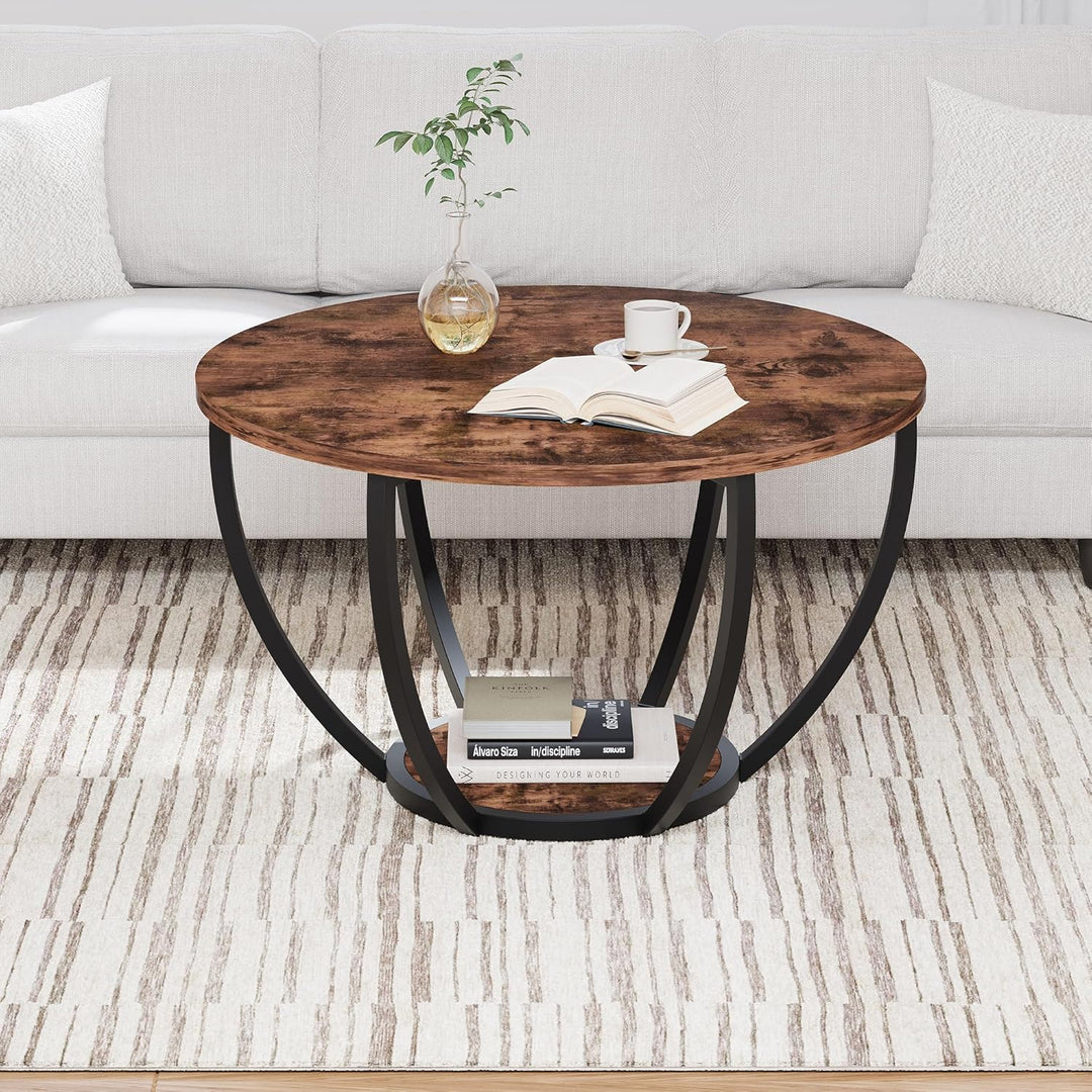 HOMERECOMMEND Round Coffee Table,Couchtisch Rund,2 stufiger Couchtisch mit Lagerung Regale,Wohnzimme