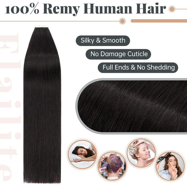 Elailite Echthaar Extensions Tape in 20 Stück #1B Naturschwarz, Real Human Hair 20g/set, 30cm Haarve