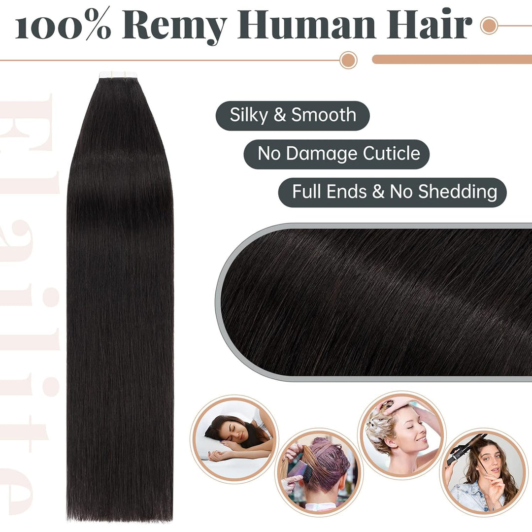 Elailite Echthaar Extensions Tape in #1B Naturschwarz 20 stück Invisible Kleber Haarverlängerung Kle