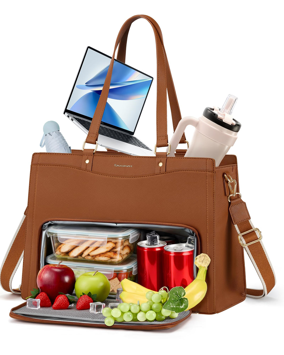 RAINSMORE Lehrertasche Damen mit Kühlfach 15,6 Zoll Laptoptasche Arbeitstasche Damen Gross PU Leder