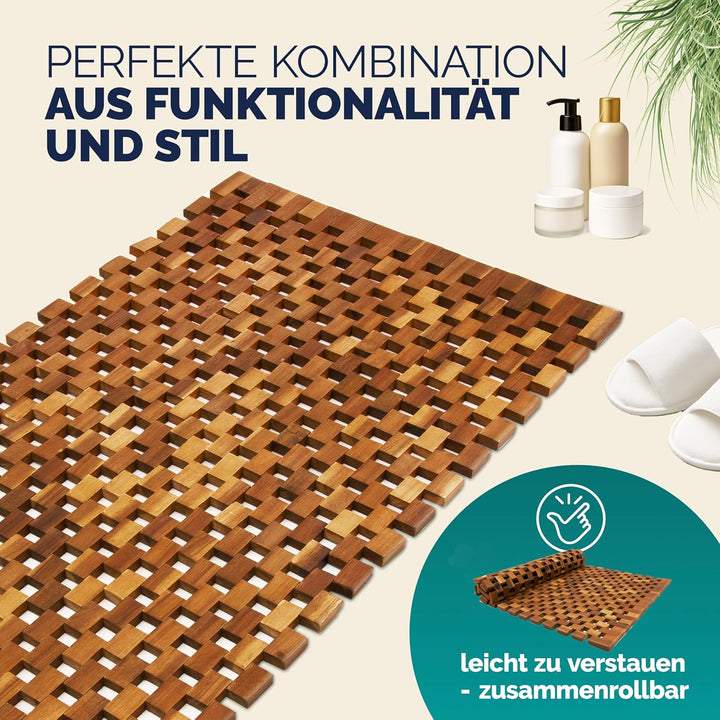 DEUBA® Badvorleger Badematte Holz 80 x 50 cm FSC-zertifiziertes Akazienholz Rutschhemmende Gummistop
