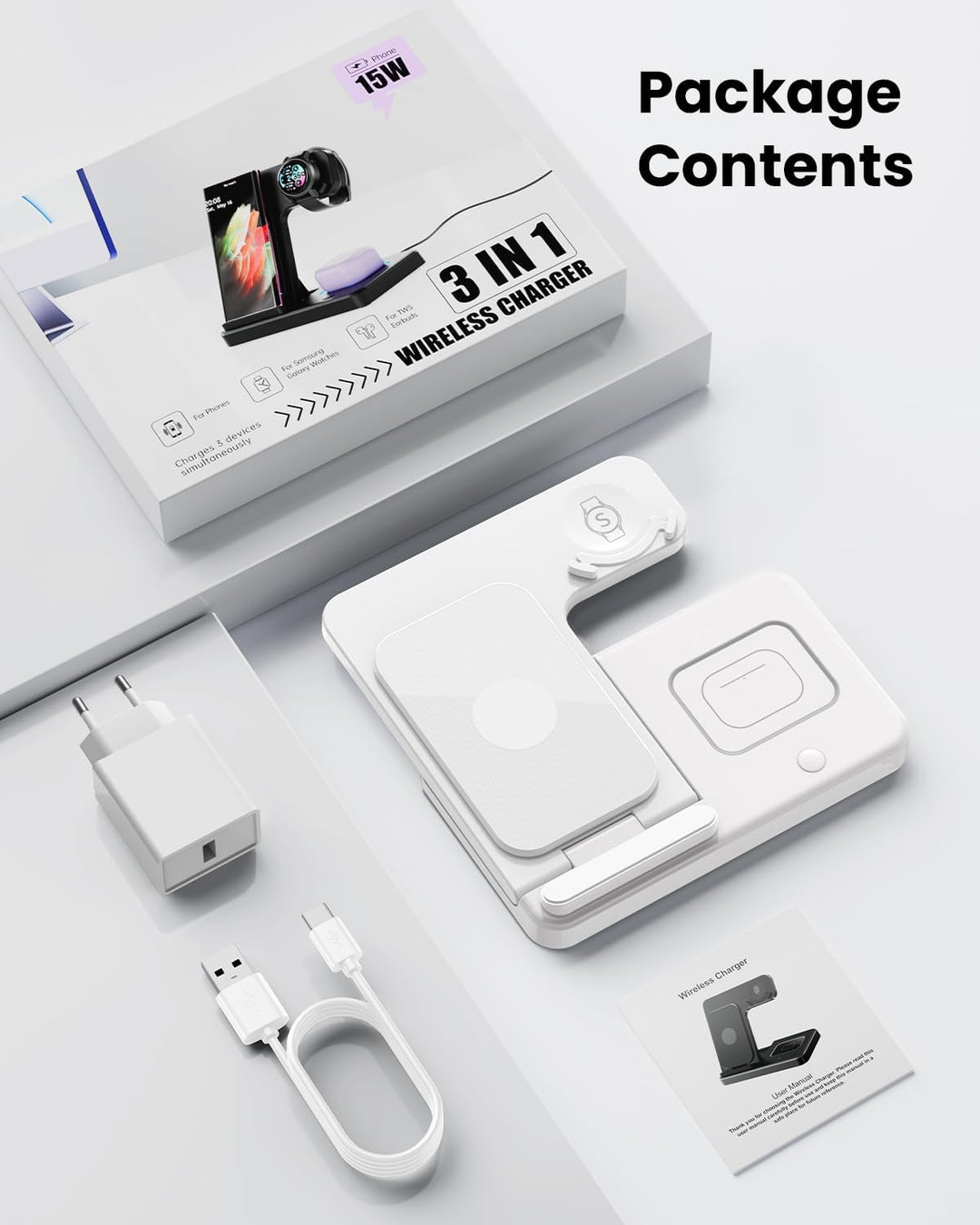 GEEKERA Induktive Ladestation für Samsung, 3 in 1 Faltbare Wireless Charger für Samsung S25/S24/S23/