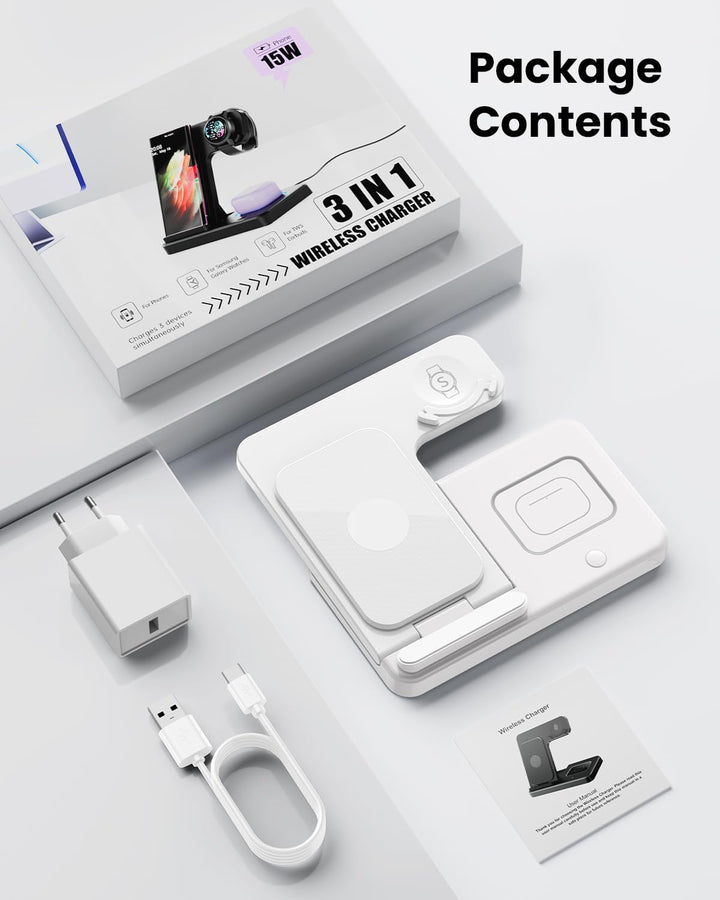 GEEKERA Induktive Ladestation für Samsung, 3 in 1 Faltbare Wireless Charger für Samsung S25/S24/S23/