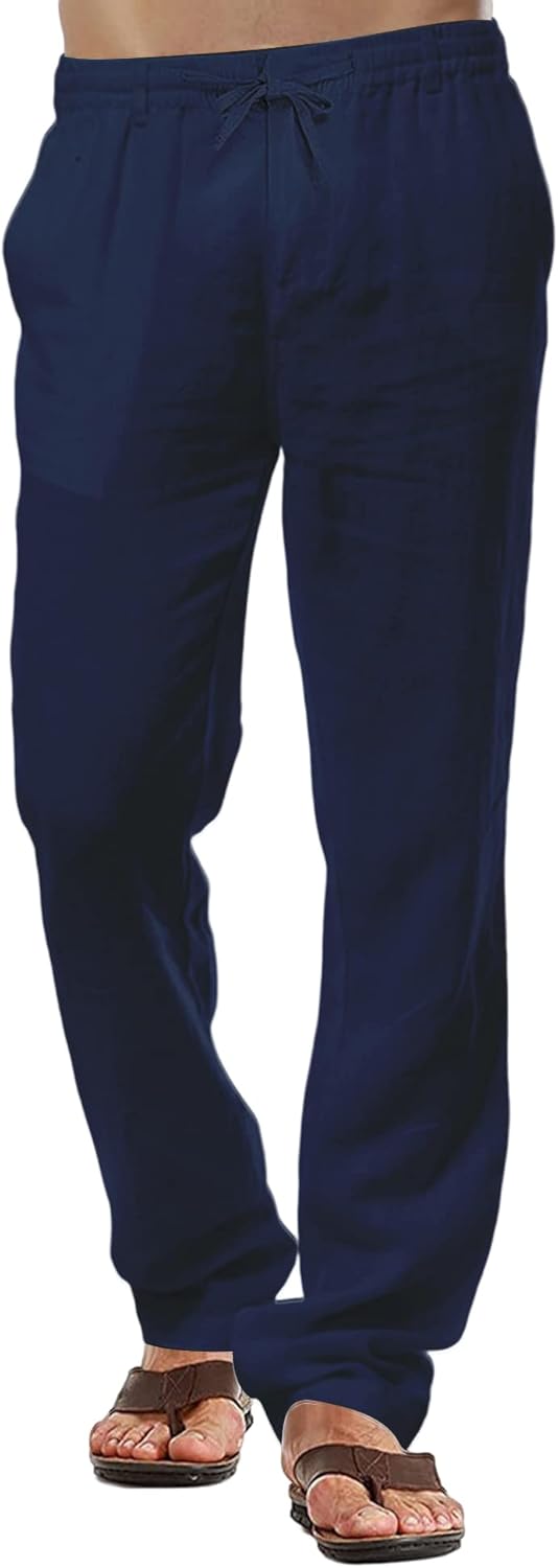 Herren-Leinenhose, lässige Baumwollhose, Sommerhose, Strandhose, leichte Hose mit Kordelzug S Marine