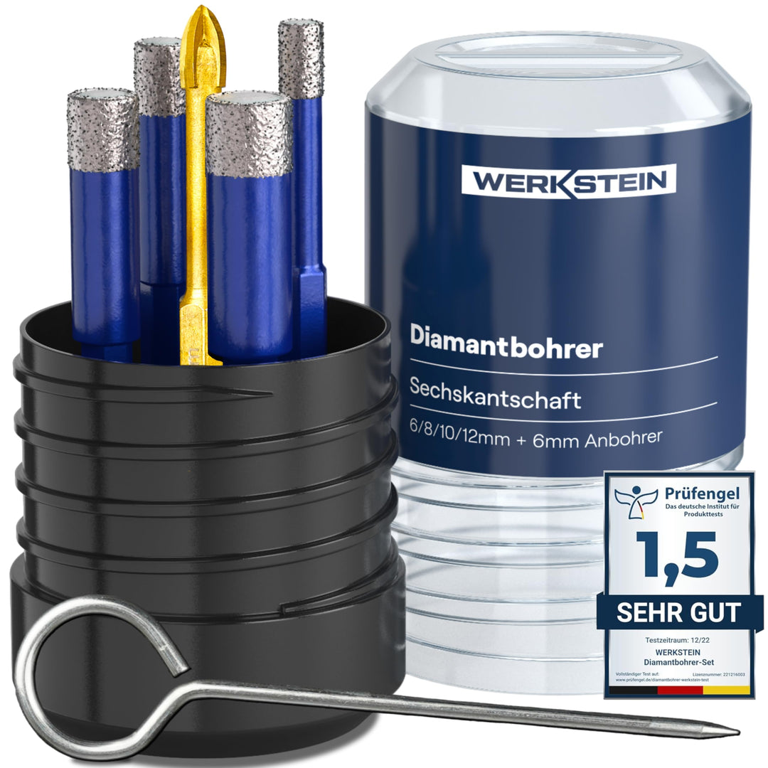 WERKSTEIN Fliesenbohrer Set - 6I8I10I12mm Glasbohrer & 6mm Karbid-Anbohrer - Diamantbohrer zum Bohre