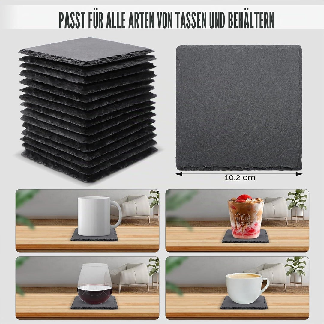 24 Stück quadratische Schiefer-Getränke-Untersetzer, VIBRATITE 10,2 cm, schwarzer Schieferstein-Unte