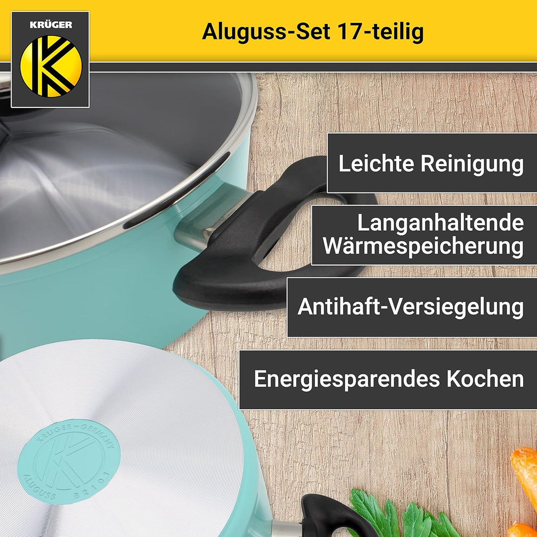Krüger Aluguss-Set 17-teilig - antihaft-versiegeltes Topf- und Pfannenset mit Küchenhelfer - hohe Hi