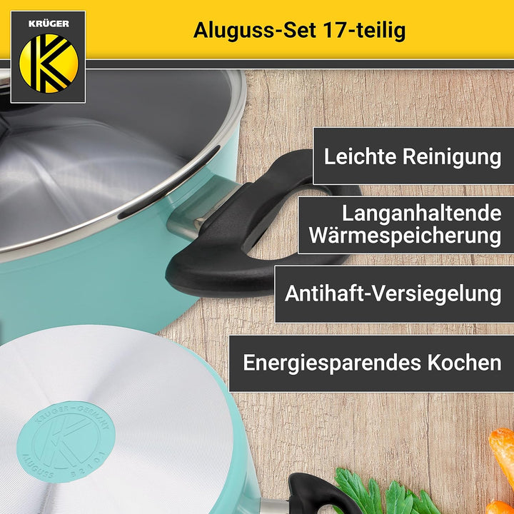 Krüger Aluguss-Set 17-teilig - antihaft-versiegeltes Topf- und Pfannenset mit Küchenhelfer - hohe Hi