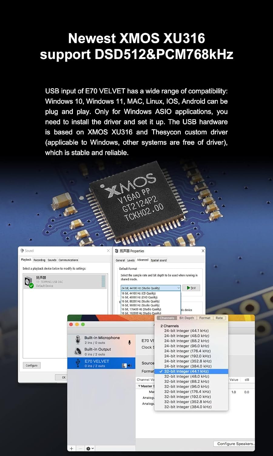 Topping E70 Velvet AK4499EX Decoder XU316 DSD512 PCM768kHz Bluetooth 5.1 LDAC 24Bit/96kHz mit Fernbe