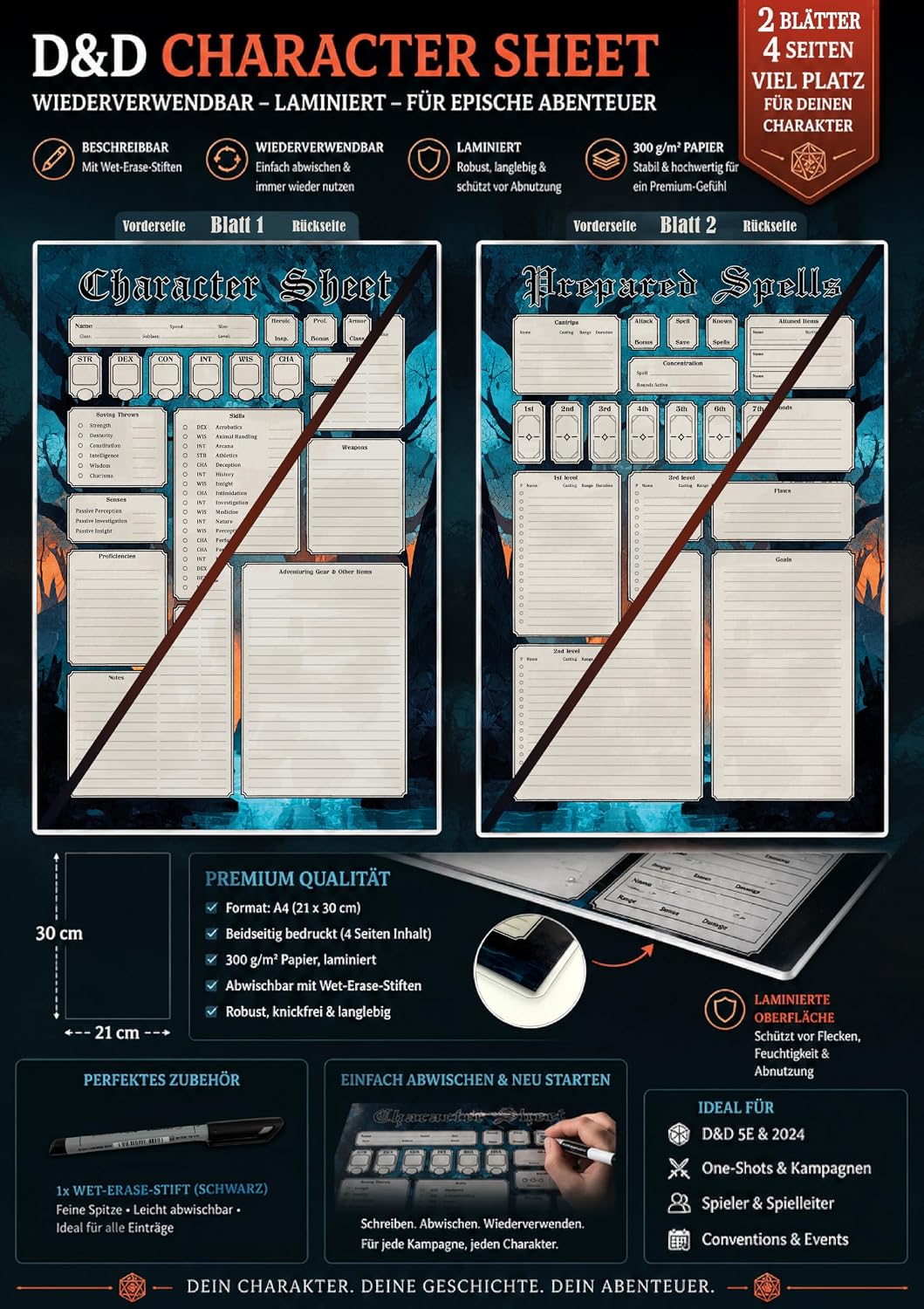 2 Wiederverwendbare RPG Charakterbögen – 4 laminierte A4 Character Sheets (8 Seiten), Wet-Erase-Stif