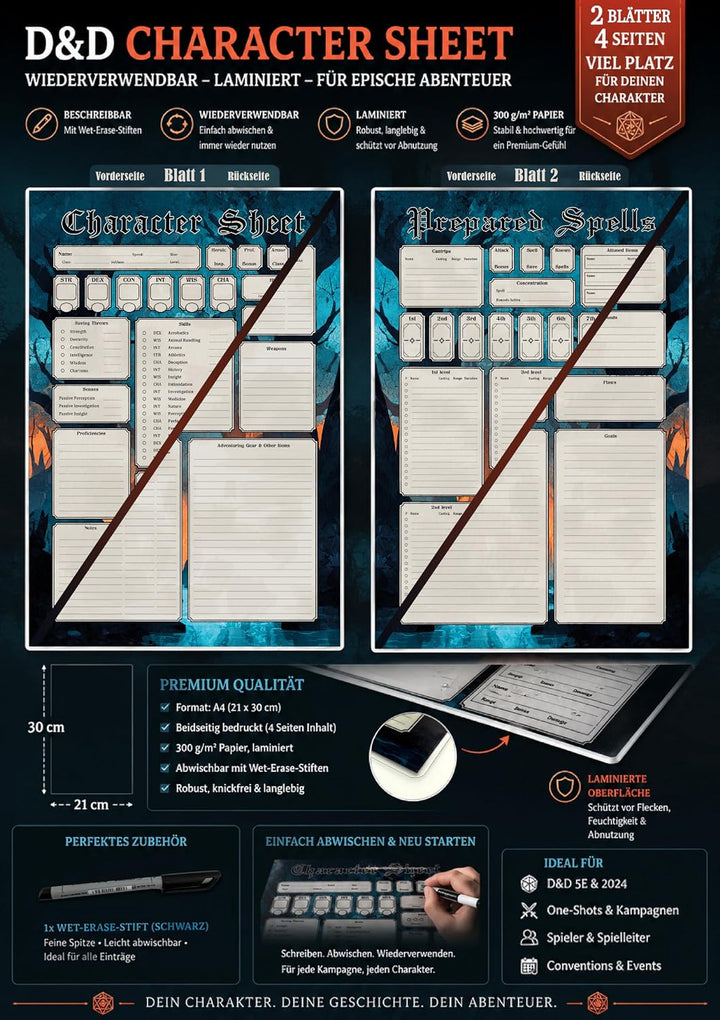 2 Wiederverwendbare RPG Charakterbögen – 4 laminierte A4 Character Sheets (8 Seiten), Wet-Erase-Stif