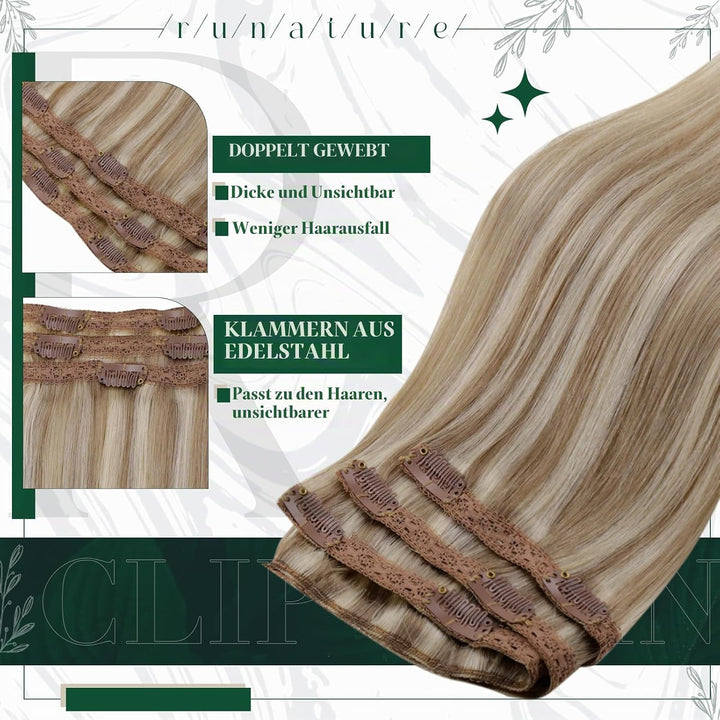 RUNATURE Clip Echthaar Extensions Naturliches Haarverlangerung Clip in Echthaar Glatt Extensions Cli