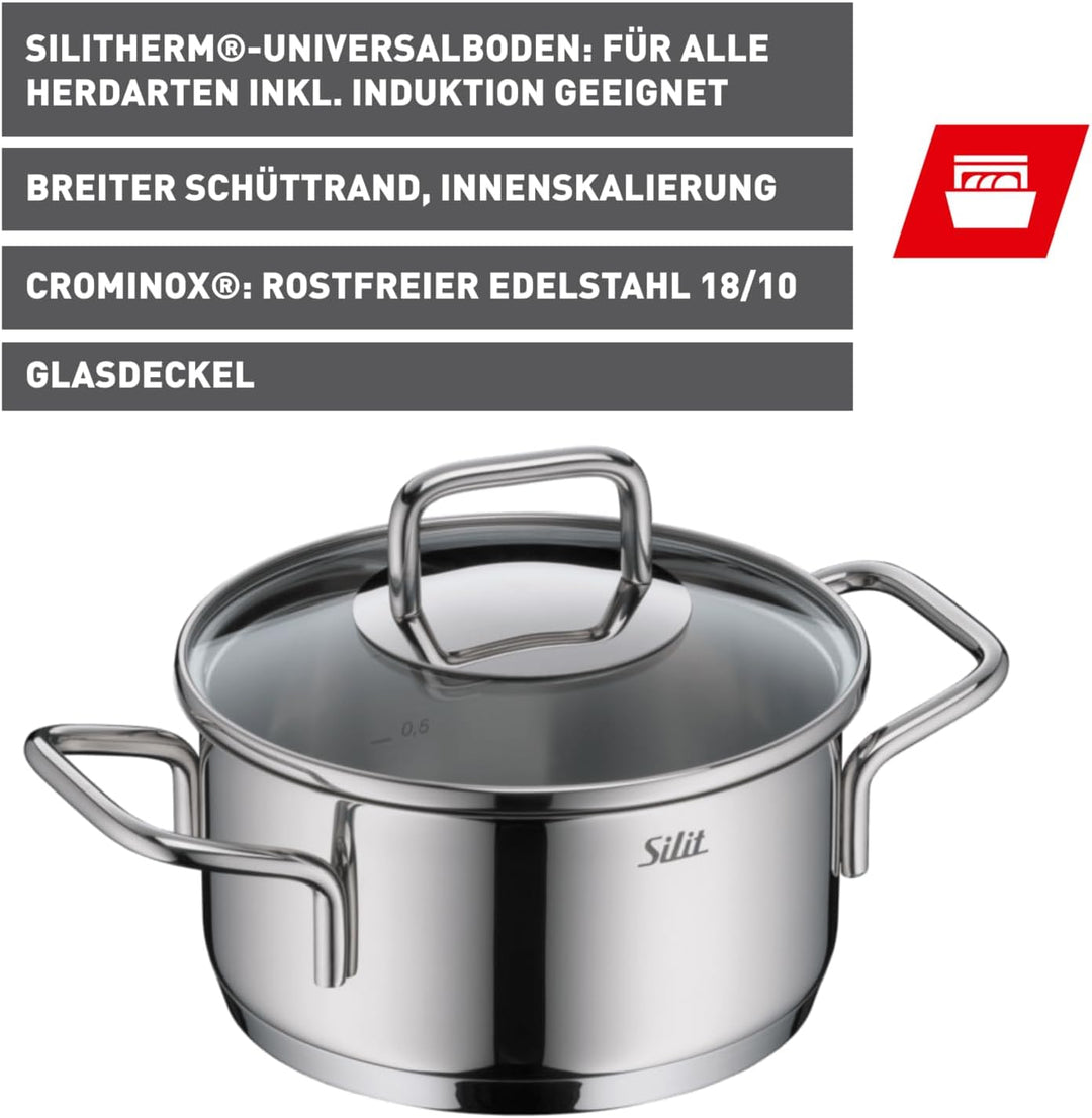 Silit Extra Cook, Bratentopf 16 cm mit Glasdeckel, Innenskalierung, breiter Schüttrand, hochwertiger
