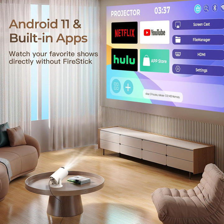 Mini Beamer mit Android TV mit Bluetooth & WiFi 6, Auto Keystone Portable Projektor, 180° Rotation,