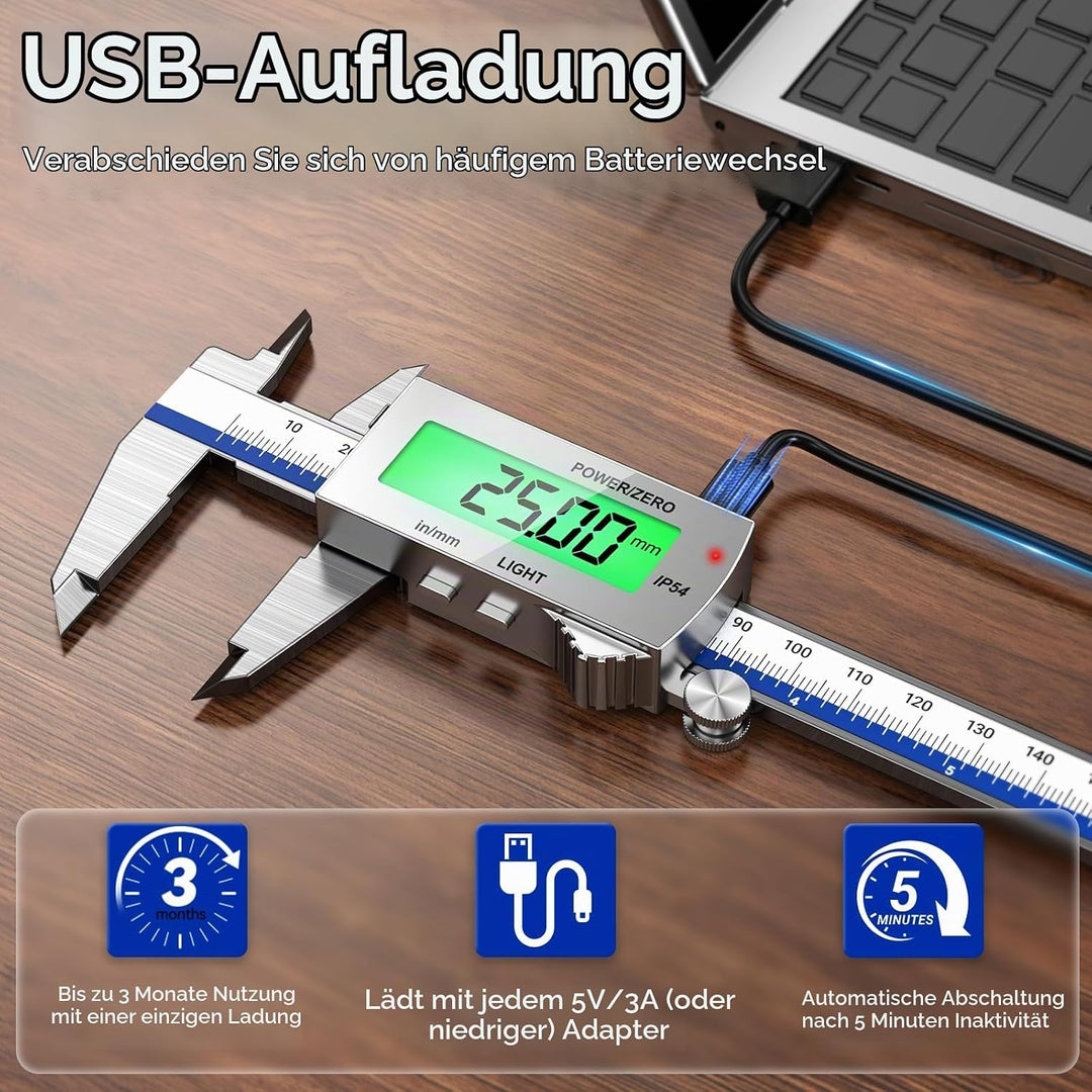 Preciva Digitaler Messschieber (wiederaufladbar),150 mm Schieblehre Digital Edelstahl, elektronische
