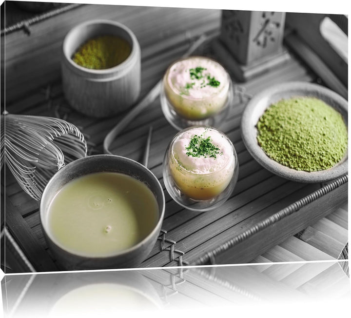 Pixxprint schön dekorierter Matcha Tee als Leinwandbild/Grösse: 100x70 / Wandbild/Kunstdruck/fertig