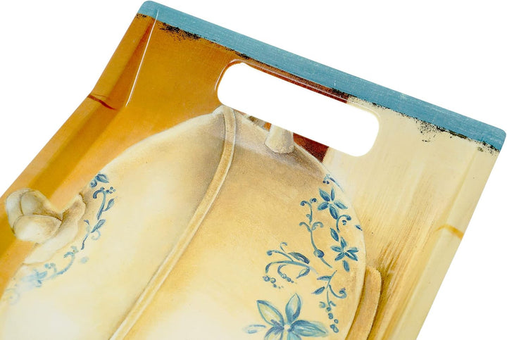Lashuma Küchentablett 41x19 cm mit Griffen, weiss blaues Melamin Teetablett, Design: Kochtopf 41 x 1