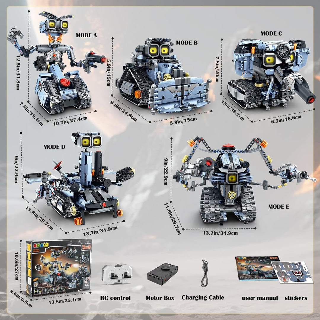 Technik Roboter Bausatz für Kinder mit LED Augen, 5-in-1 App Fernbedienung Roboticset Baustein RC Bu
