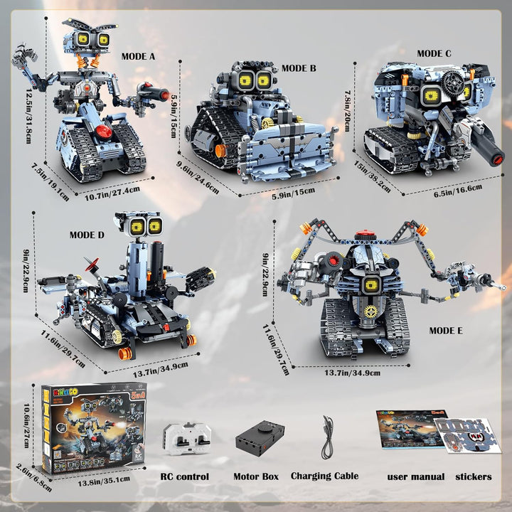 Technik Roboter Bausatz für Kinder mit LED Augen, 5-in-1 App Fernbedienung Roboticset Baustein RC Bu
