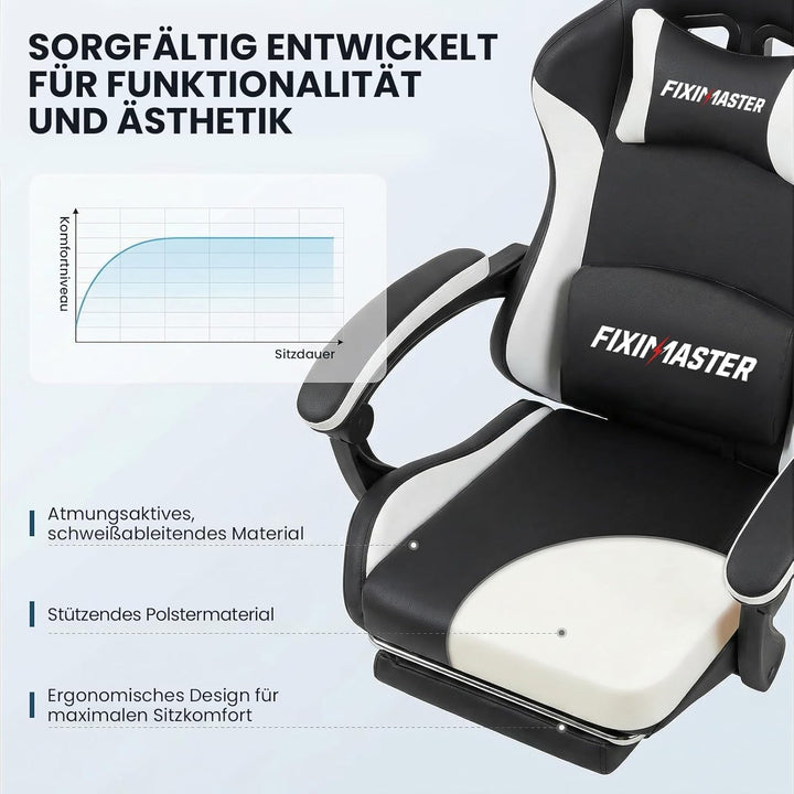 Bürostuhl Ergonomisch mit Fussstütze, Schreibtischstuhl, Racing-Design, Lenden- und Kopfstütze, PU-K