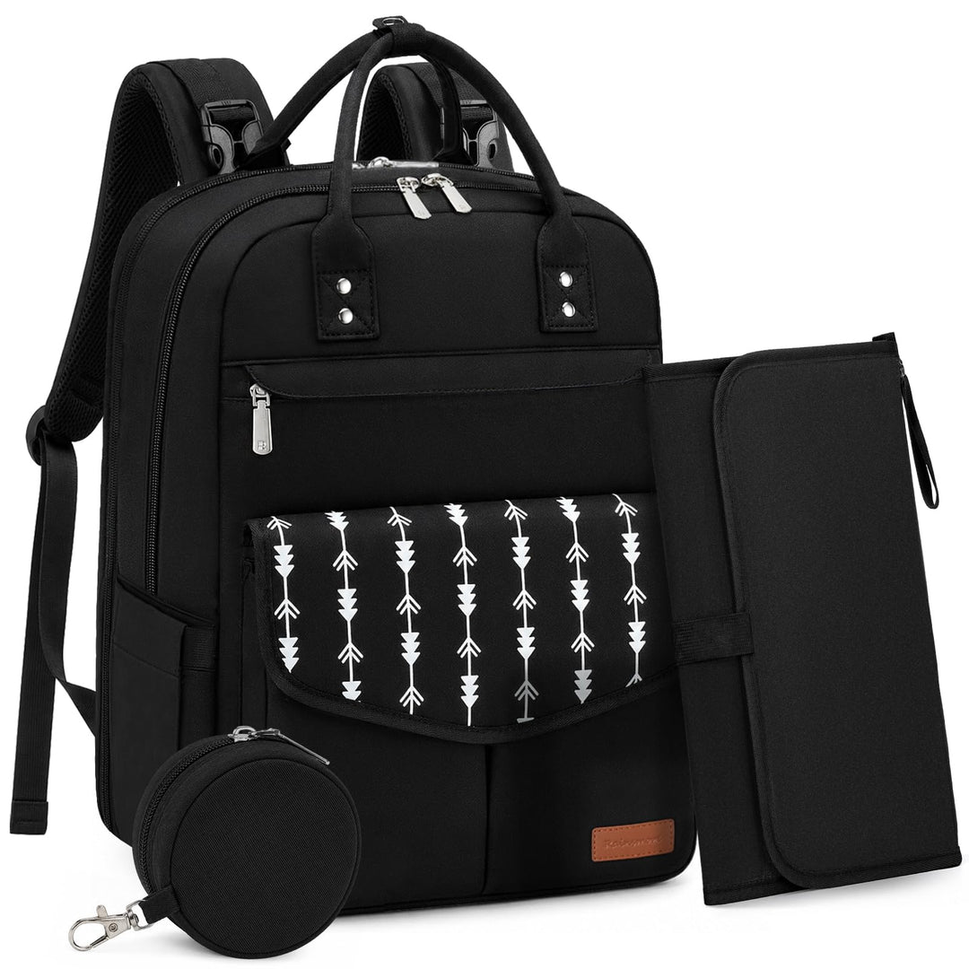 RAINSMORE Wickelrucksack Gross Baby Wickeltasche mit Wickelunterlage Schwarz | Wasserdichte Wickelta