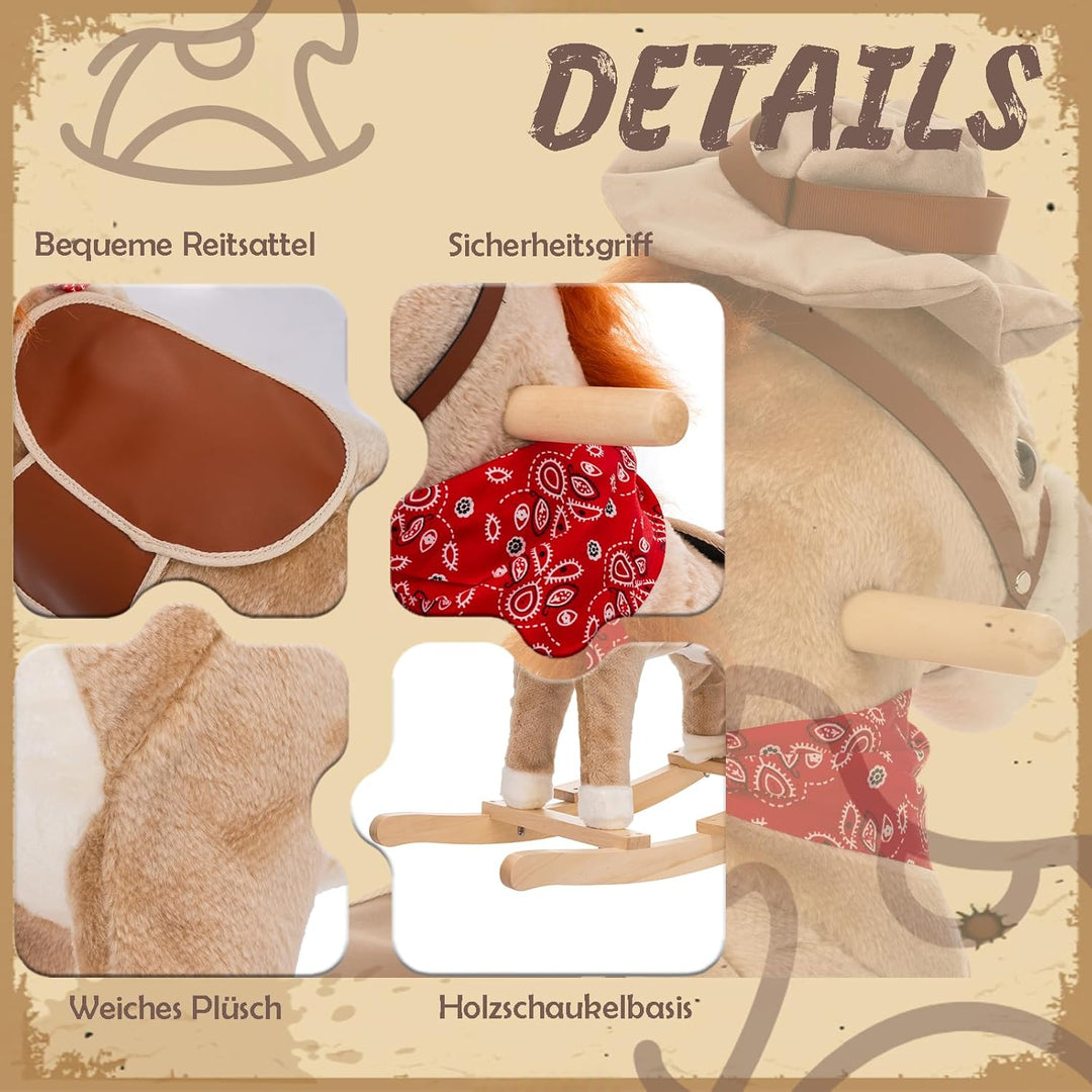 Kinder Schaukelpferd, Plüsch-Fülltiere-Schaukel, für Kinder 12-36 Monate, Holzuntergrund (Hellbraun)