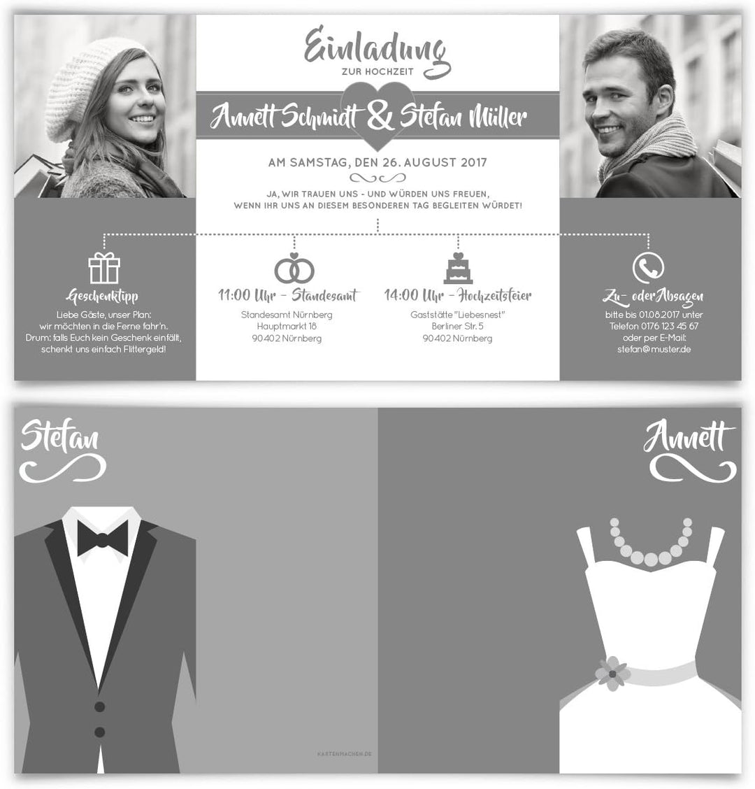 Hochzeitseinladungen (30 Stück) - Braut und Bräutigam Altarfalz - Hochzeitskarten in Grau
