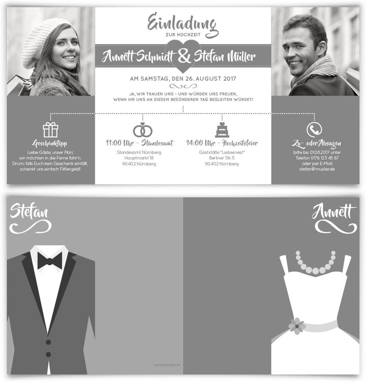 Hochzeitseinladungen (30 Stück) - Braut und Bräutigam Altarfalz - Hochzeitskarten in Grau