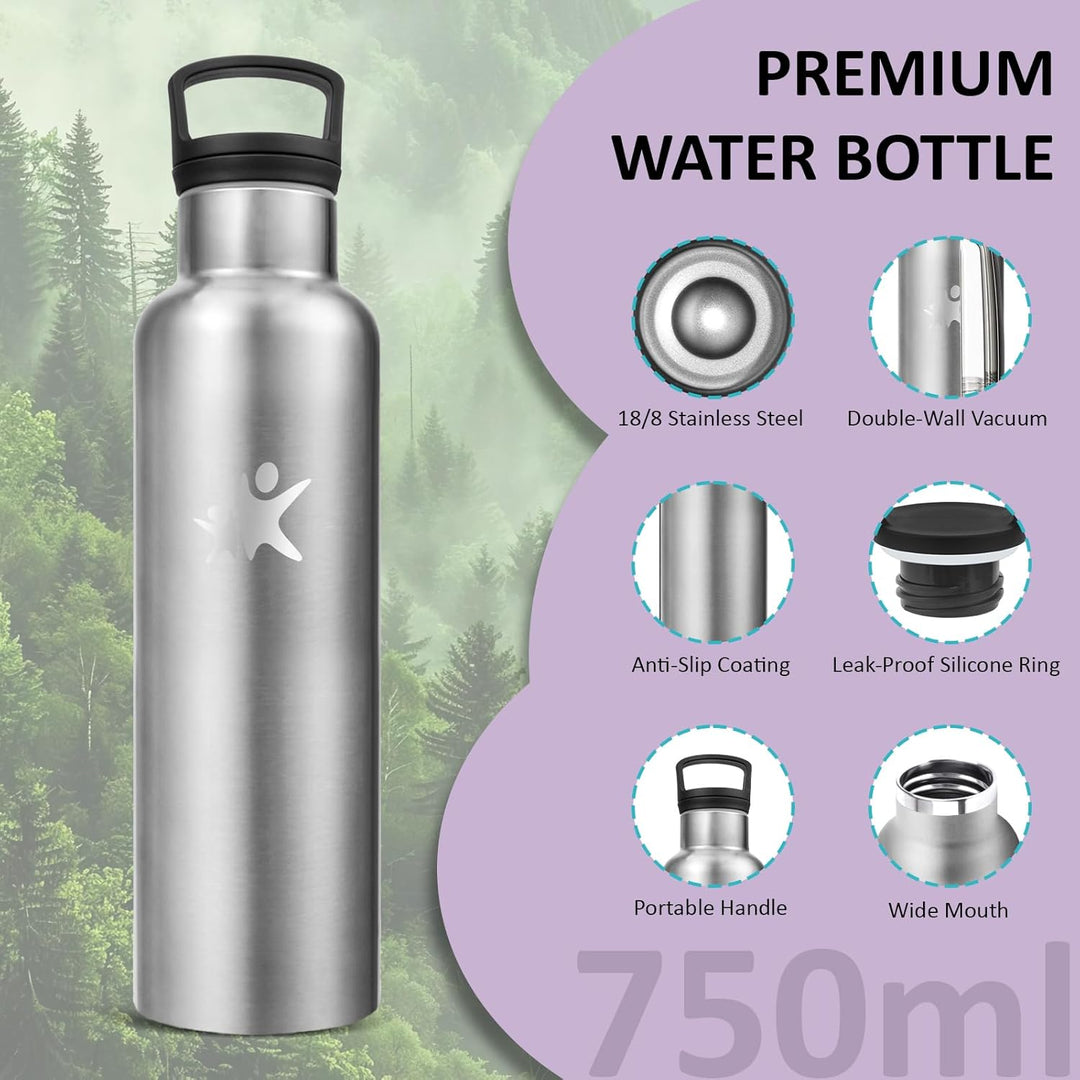 Wasserflasche- 750ml- Trinkflasche Edelstahl, Wasserflasche mit Strohhalm, BPA-Frei, Isolierflasche