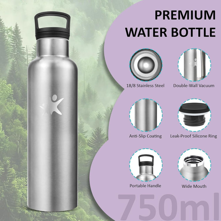 Wasserflasche- 750ml- Trinkflasche Edelstahl, Wasserflasche mit Strohhalm, BPA-Frei, Isolierflasche