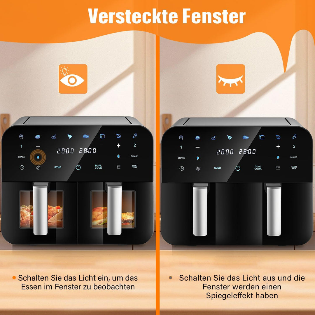 Dual Zone Heissluftfritteuse 9L mit 2 Kamern Kapazität 2 Fächer Sichtfenster Beleuchtung Airfryer To