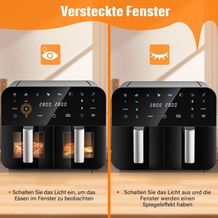 Dual Zone Heissluftfritteuse 9L mit 2 Kamern Kapazität 2 Fächer Sichtfenster Beleuchtung Airfryer To