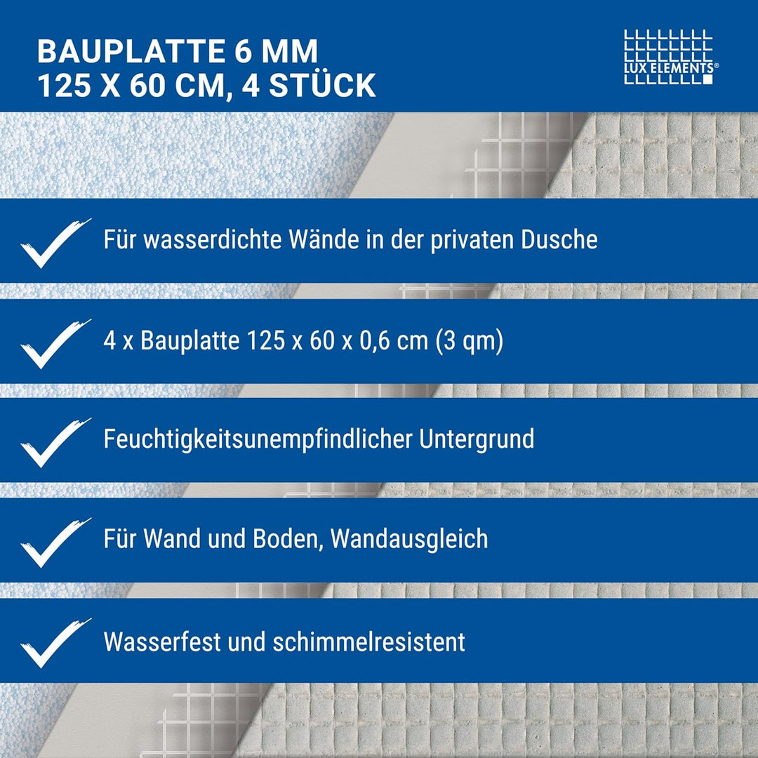 LUX ELEMENTS Bauplatte Fertig zum Verfliesen, 125 x 60 cm, 4 Stück (3 qm) LELEE4117, Grau, 6 mm Baup
