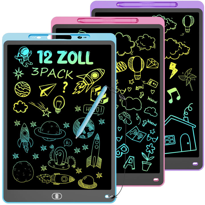 LCD Schreibtafel 3 Stück, 12 Zoll Maltafel mit Abschliessbar Löschen-Taste, Schreibtafel mit Stift,