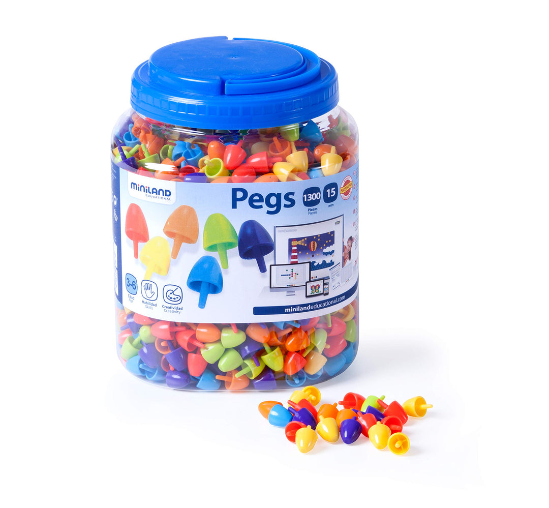 Miniland Mosaikstecker Pegs 15 mm, 1300 Stück, leuchtende Farben-31848, Merhfarbig