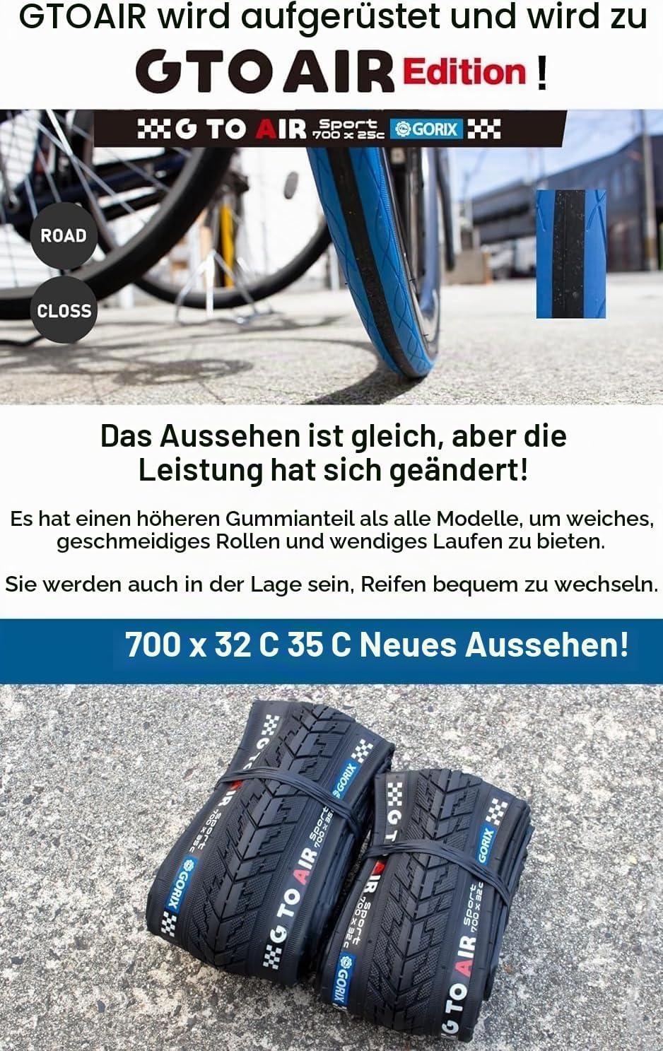 GORIX Rennradreifen 700×23C 25C 28C 32c 35c Fahrrad (Gtoair) 700×28c Black×Blue(1 Tire), 700&amp;