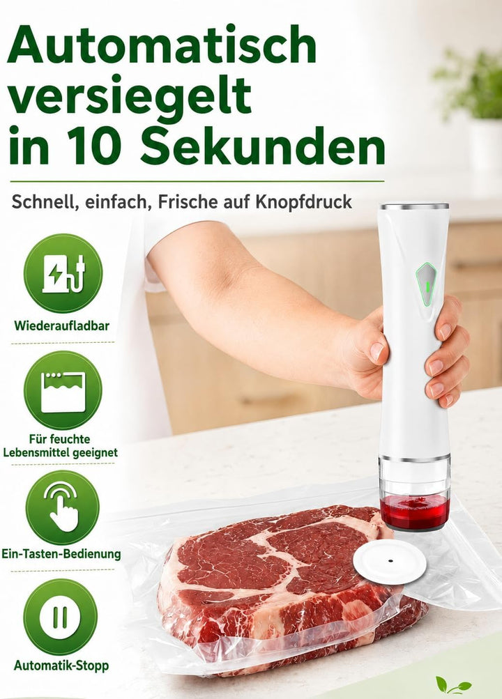 Vakuumiergerät für Lebensmittel, USB-aufladbarer Vakuumierer mit Flüssigkeitsbehälter, inkl. 30 wied