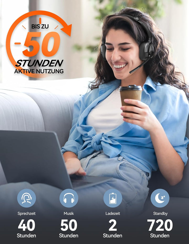 TECKNET V6.0 Bluetooth Headset mit Mikrofon Kabellos, ENC Noise Cancelling, Wireless Headset PC, USB