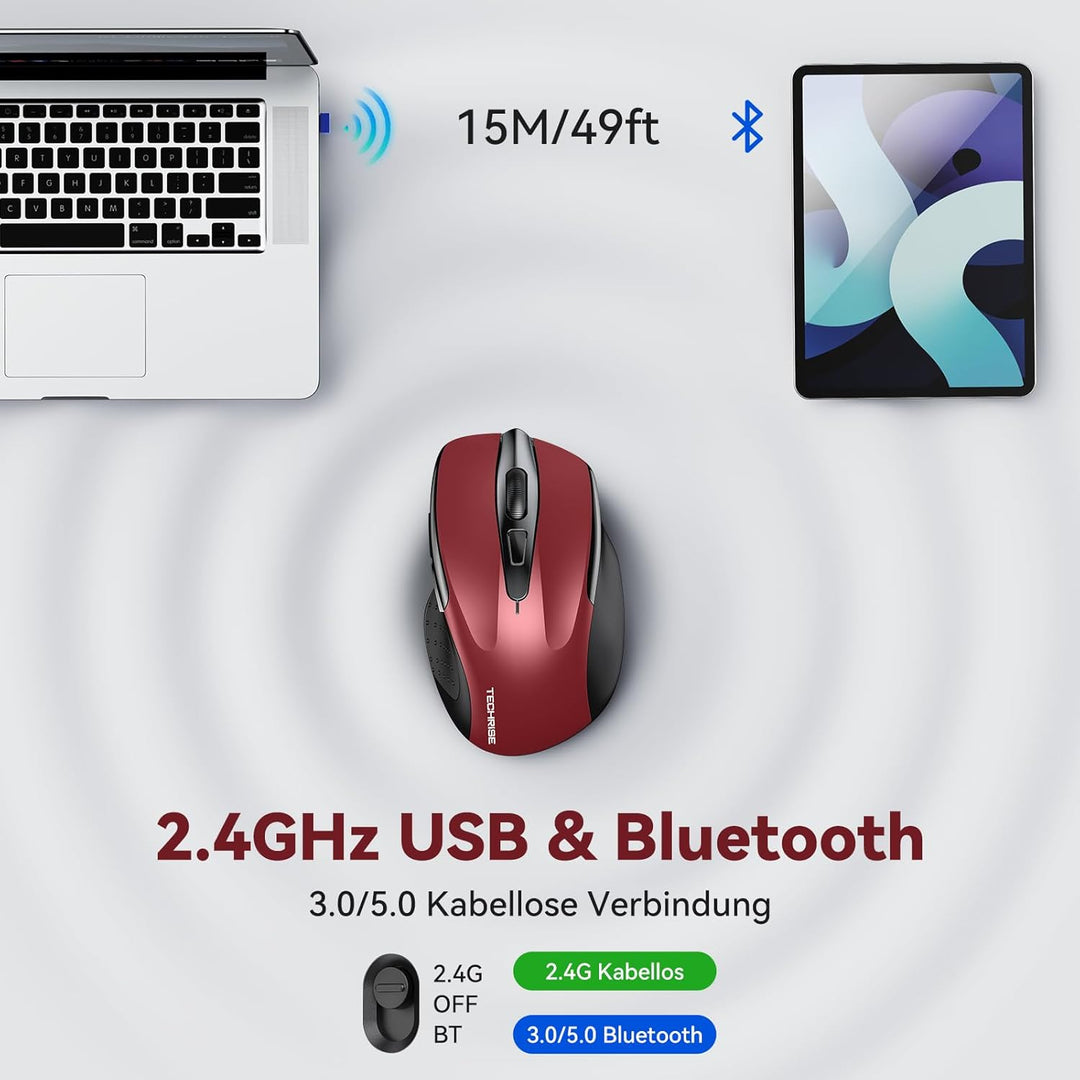 TechRise Bluetooth Maus, 2.4G Maus Kabellos (BT 5.0/3.0 + 2.4G), 4800 DPI Wiederaufladbare Ergonomis
