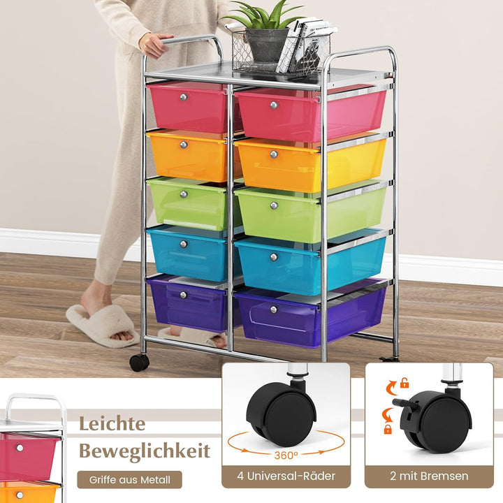 COSTWAY Rollwagen mit 10 stapelbaren Schubladen, Schubladenwagen, Rollcontainer mit Metallrahmen und