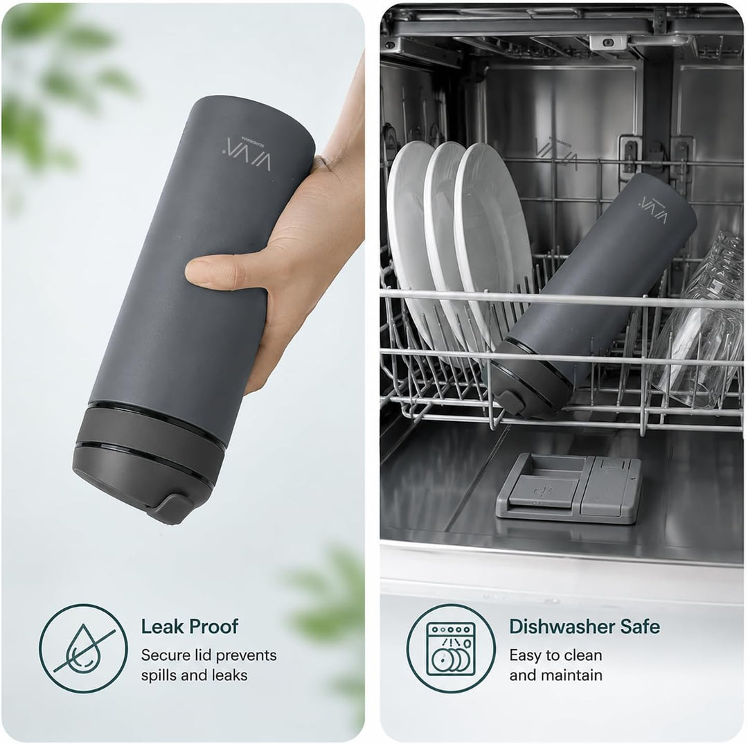 VIVA Recharge Thermobecher to go, Edelstahl, Tee-Sieb, 0,46 l, Grau | Doppelwandig isolierter Edelst