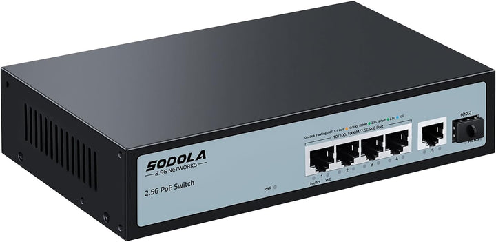 SODOLA 6 Port 2.5G PoE Switch Unmanaged|1X 10G SFP&4 x 2.5GBASE-T POE Ports, IEEE802.3af/at, 65W,Plu