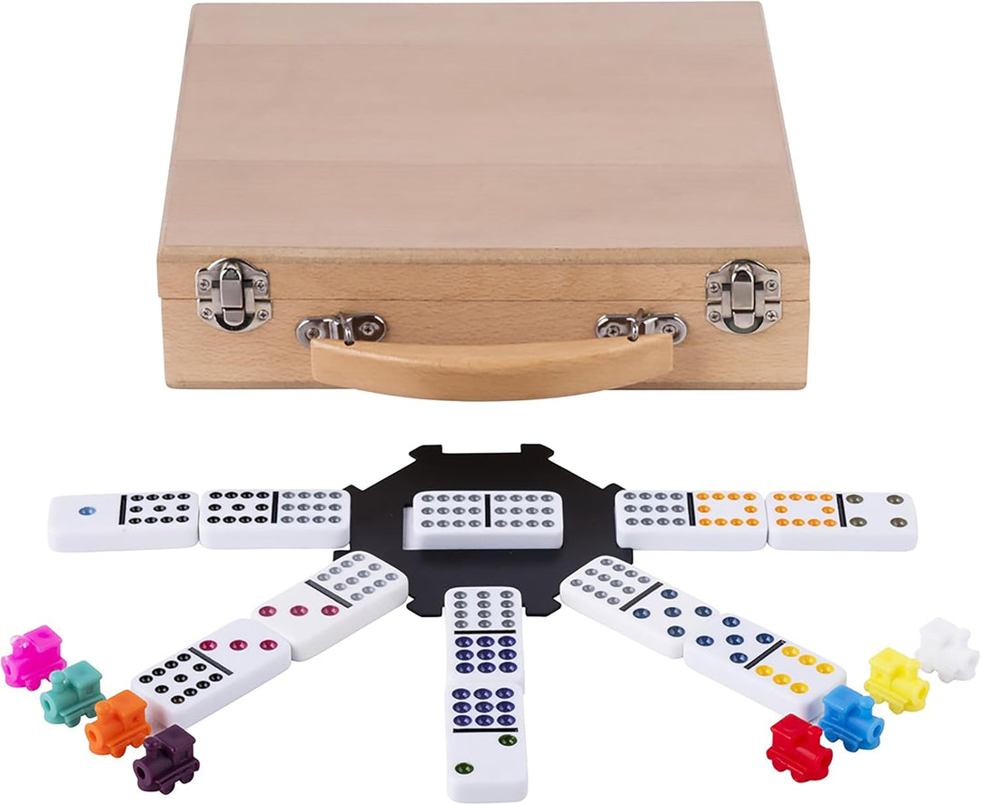 Engelhart - 250150 - Mexikanischer Dominozug D12 - Mexican Train Domino mit hochwertigem Holz Koffer