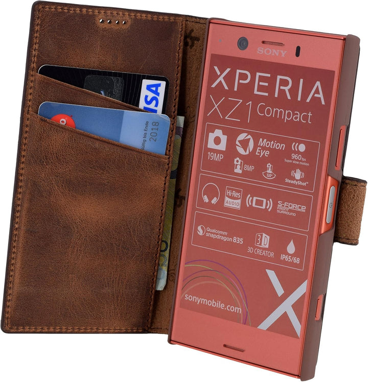 Suncase Book-Style für Sony Xperia XZ1 Compact (Slim-Fit) Ledertasche Leder Tasche Handytasche Schut