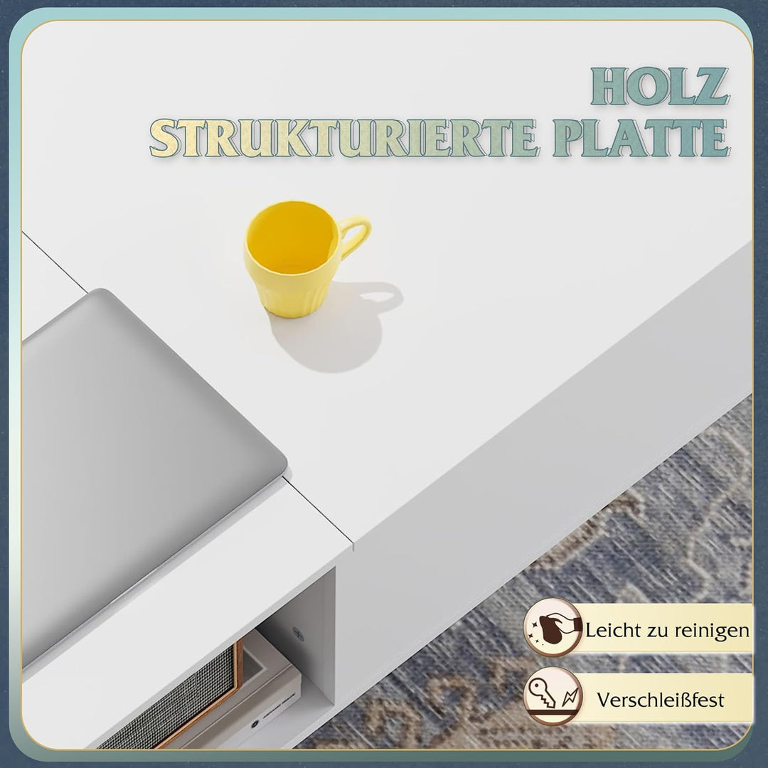 WLIVE Couchtisch Höhenverstellbar und Ausziehbar, Wohnzimmertisch mit Grossem Verstecktem Staufach,