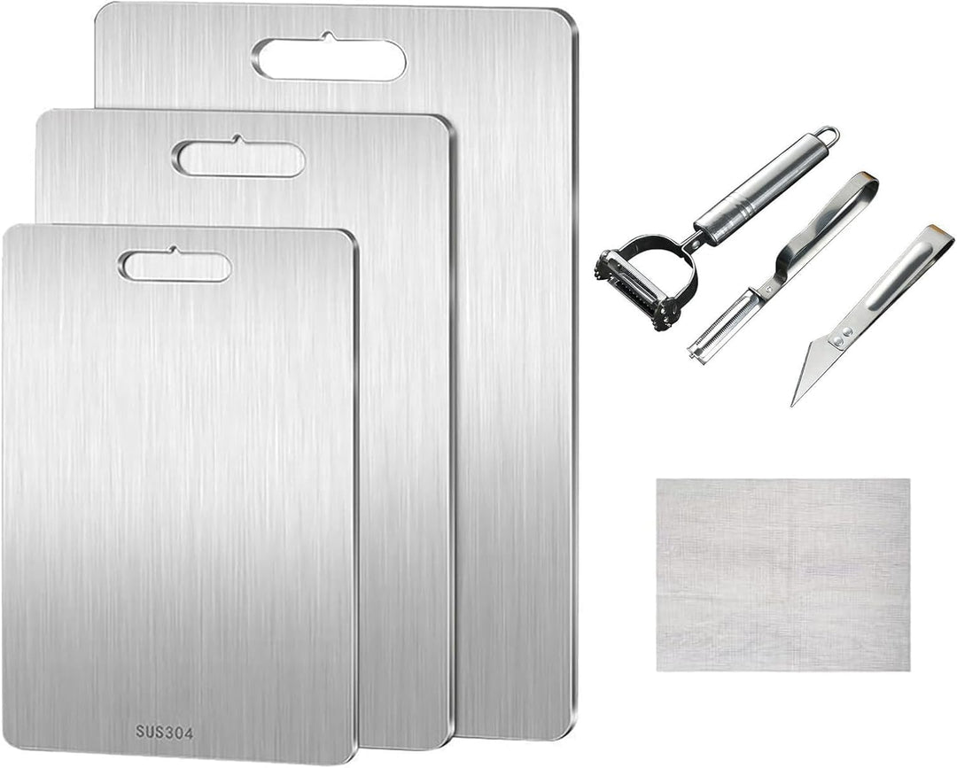 3 Stück Titan Schneidebrett, 304 Edelstahl Schneidebrett, Titanium Cutting Board mit Rutschfestes Si